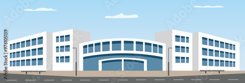 Stadium facade. Stadium arena. City building. Coliseum gate building. Stadium soccer. Football stadium. Sport arena. Public place building. Apartment building. Real estate. 