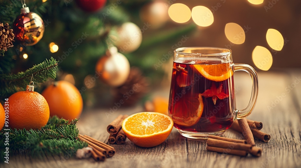 A glass mug of mulled wine surrounded by oranges and cinnamon sticks, with a blurred festive Christmas tree in the background A glass mug of mulled wine surrounded by oranges and cinnamon sticks, with a blurred festive Christmas tree in the background