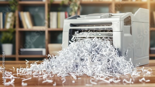 A pile of shredded paper and an empty document shredder on a desk photo