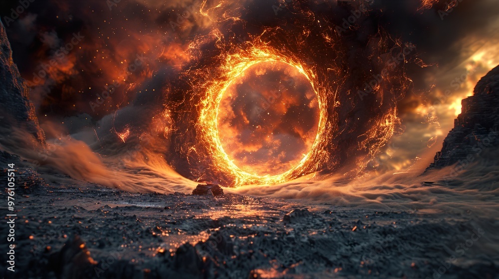 Fiery Ring of Fire in a Dramatic Landscape Fiery Ring of Fire in a Dramatic Landscape