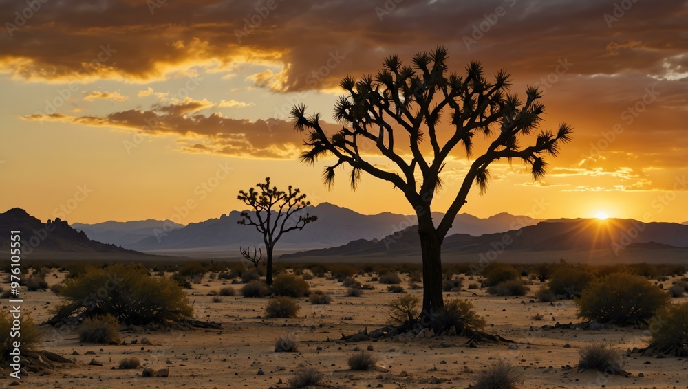 Golden sunset over a rugged desert landscape. Golden sunset over a rugged desert landscape.