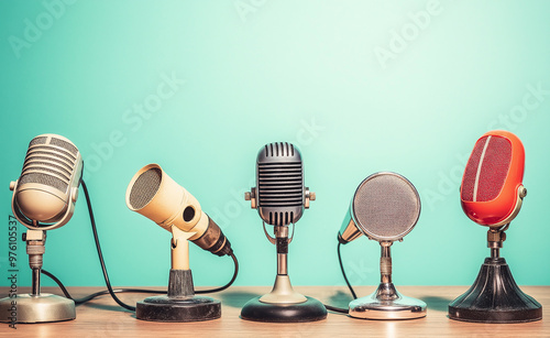 A row of vintage microphones displayed against a pastel background, symbolizing communication and media history. photo