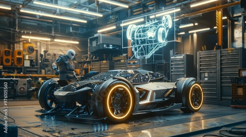 Wallpaper Mural A highly detailed scene of a robotic AI assistant helping a mechanic repair an advanced vehicle in an automotive workshop.  Torontodigital.ca
