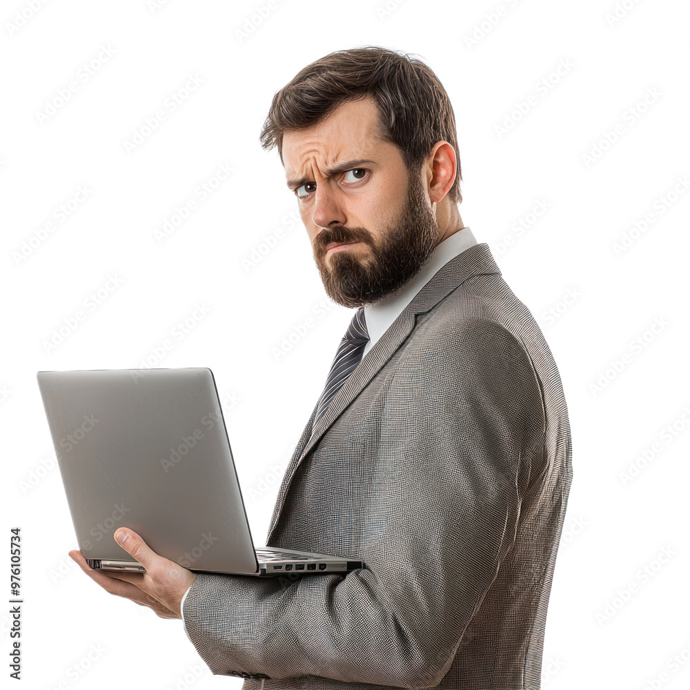 A systems analyst holding a laptop with a serious expression, as if troubleshooting a system. isolated on transparency background A systems analyst holding a laptop with a serious expression, as if troubleshooting a system. isolated on transparency background