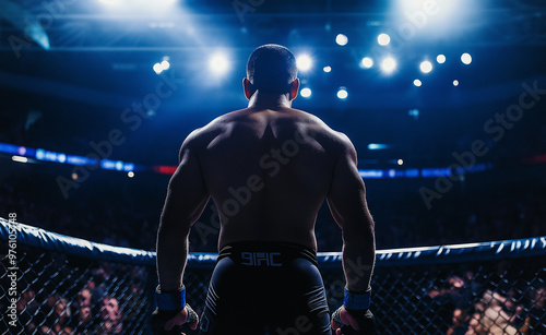 A muscular fighter stands in a cage under bright arena lights, facing the crowd before a match, exuding strength and determination.