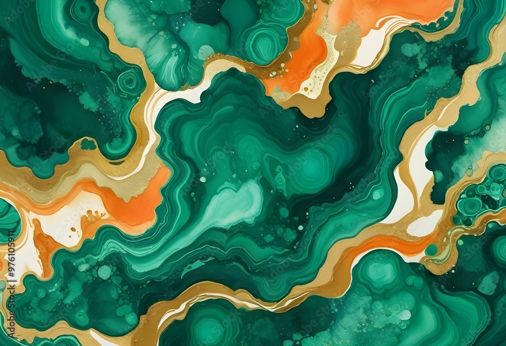 Textured malachite slab displaying swirling patterns of green and black, placed on a wooden surface to provide contrast and warmth to the image., navy blue, white and bold yellow color scheme, golden Textured malachite slab displaying swirling patterns of green and black, placed on a wooden surface to provide contrast and warmth to the image., navy blue, white and bold yellow color scheme, golden