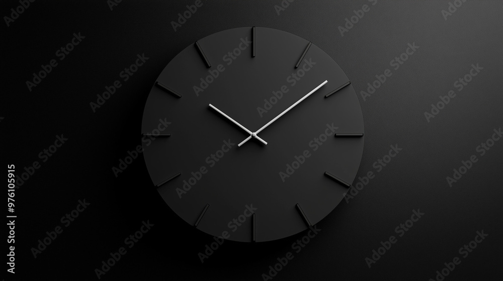 Minimalist black clock on dark textured background with copy space Minimalist black clock on dark textured background with copy space