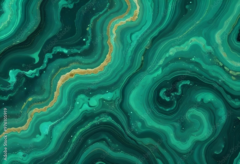 Textured malachite slab displaying swirling patterns of green and black, placed on a wooden surface to provide contrast and warmth to the image., navy blue, white and bold yellow color scheme, golden Textured malachite slab displaying swirling patterns of green and black, placed on a wooden surface to provide contrast and warmth to the image., navy blue, white and bold yellow color scheme, golden