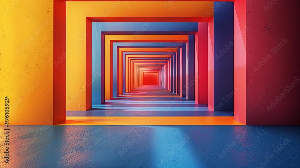 A long hallway with a blue wall on the left and a red wall on the right A long hallway with a blue wall on the left and a red wall on the right
