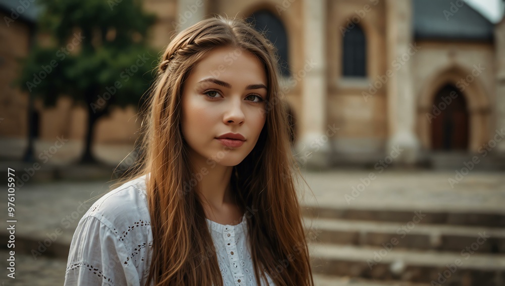 Graceful woman with long hair near a biblical church. Graceful woman with long hair near a biblical church.
