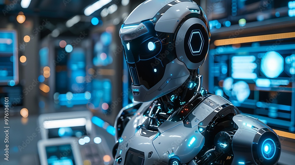 A detailed portrait of a humanoid AI robot with lifelike features, standing in a modern tech lab. A detailed portrait of a humanoid AI robot with lifelike features, standing in a modern tech lab.