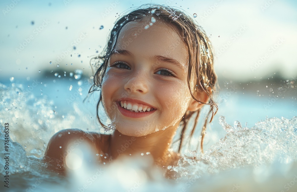 Beautiful young girl joyfully playing in the sea, splashing water, and enjoying summer waves