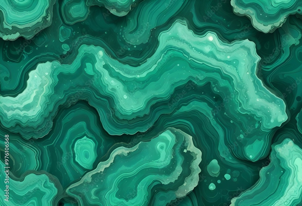Fototapeta premium Textured malachite slab displaying swirling patterns of green and black, placed on a wooden surface to provide contrast and warmth to the image., navy blue, white and bold yellow color scheme, golden 