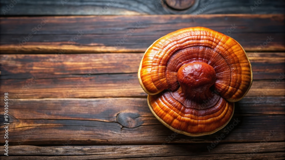 Fototapeta premium Fresh lingzhi mushroom on dark wooden floor, showcasing the Chinese traditional medicine and nutritive value of ganoderma lucidum