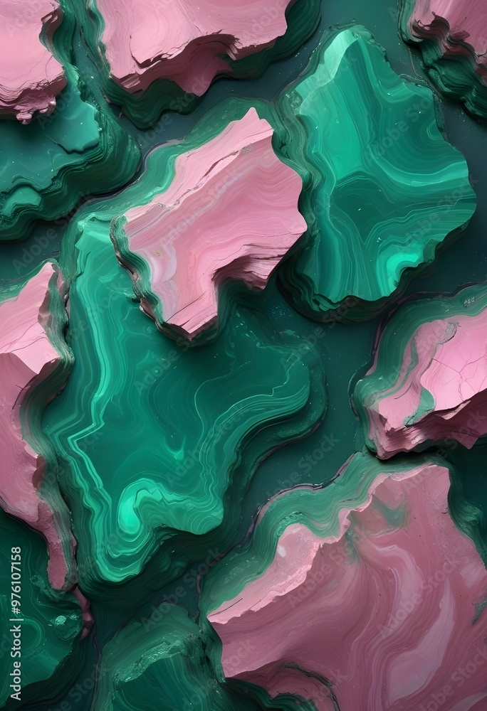 Obraz premium Textured malachite slab displaying swirling patterns of green and black, placed on a wooden surface to provide contrast and warmth to the image., navy blue, white and bold yellow color scheme, golden 