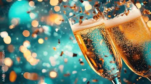 A New Year's Eve party with confetti, champagne, and a countdown to midnight photo