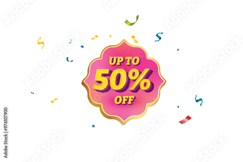 Sale Discount Label. Ethnic Shape Sale Promotion Stamp. Price Upto 50% Off Tag. Pink and Yellow Sale Label.