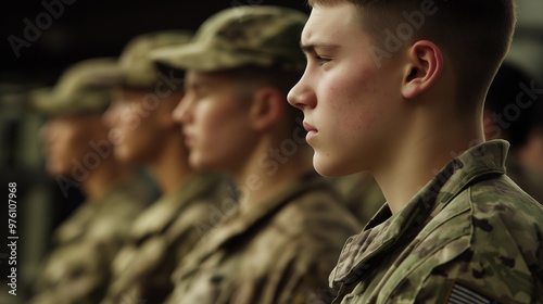 Soldiers in military uniforms stand in line during sunset, facing the same direction with helmets on.