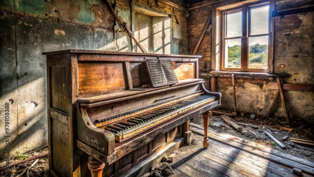 Decaying piano in abandoned shack Decaying piano in abandoned shack