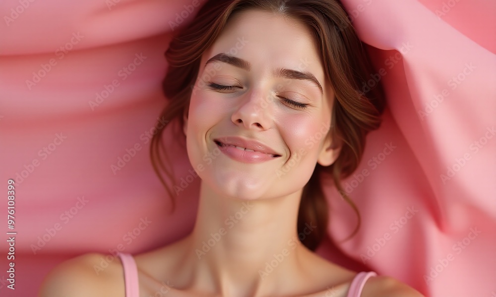 smiling woman, eyes closed, serene expression, soft pink background smiling woman, eyes closed, serene expression, soft pink background