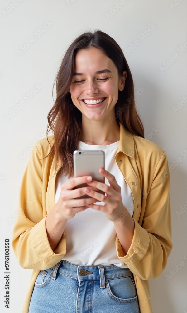 Portrait of a woman Using Smartphone While Standing on Pastel Color Background Portrait of a woman Using Smartphone While Standing on Pastel Color Background