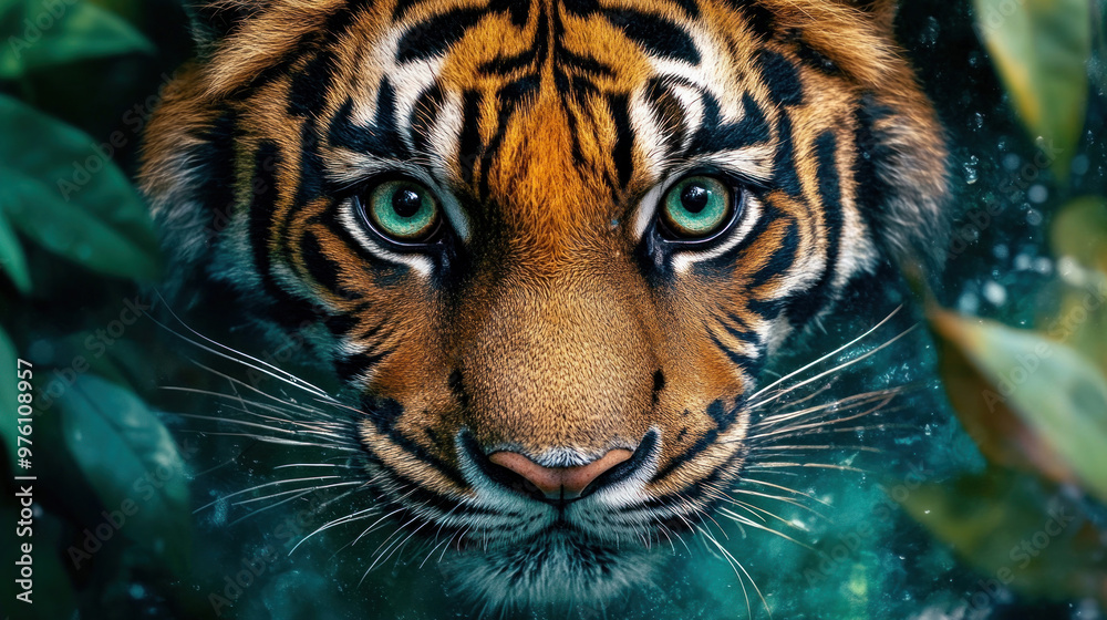 Fototapeta premium A close-up of a tiger prowling through the dense jungle, its eyes focused and alert