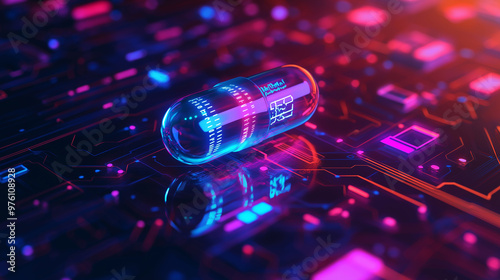 A futuristic pill with a glowing heartbeat symbol placed on a circuit board.