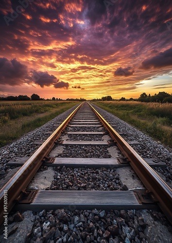 A straight railway track disappearing into the distance under a vibrant sunset sky.