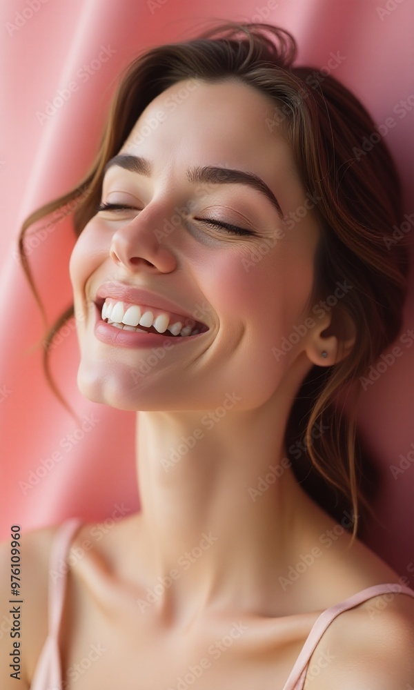 smiling woman, eyes closed, serene expression, soft pink background smiling woman, eyes closed, serene expression, soft pink background