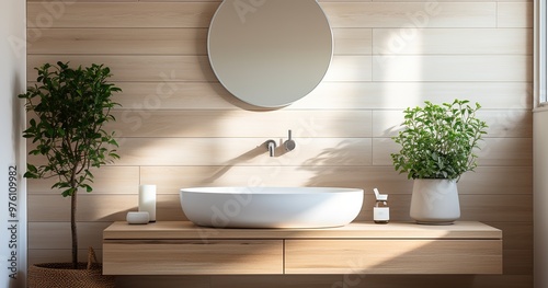 Elegant bathroom with vanity mirror, wooden details