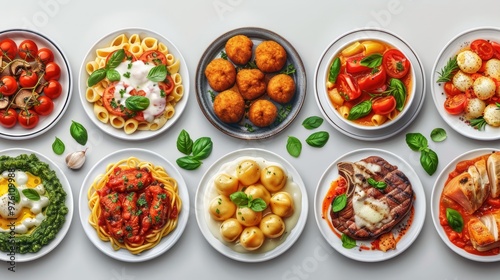 Wallpaper Mural Italian traditional food dishes set, top view. Gnocchi, polenta, carbonara, arancini, ossobuco, bistecca alla fiorentina, steak, ribollita, parmigiana, caprese salad, pasta. Torontodigital.ca