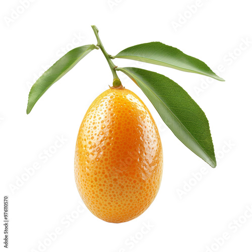 Fresh kumquat with leaves resting on a transparent background, showcasing its vibrant orange color and unique texture