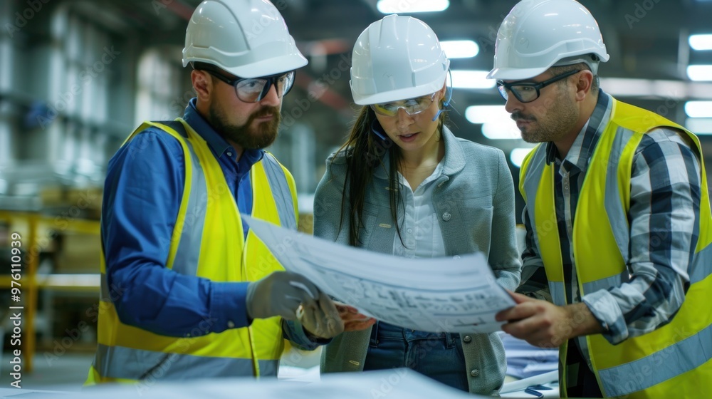 A team of engineers and architects collaborating on construction plans. A team of engineers and architects collaborating on construction plans.