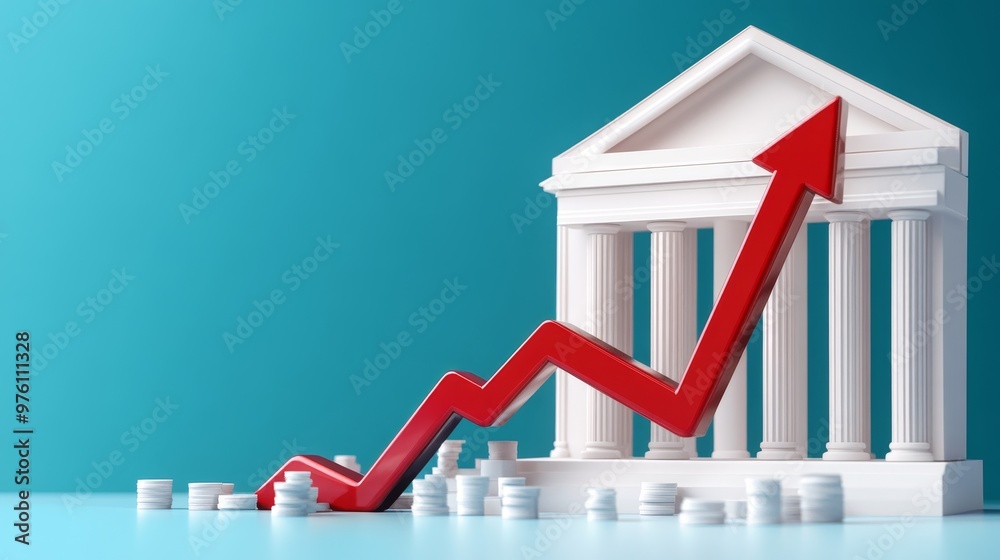 Bank building with large red arrow pointing down, showing falling interest rates. Bank building with large red arrow pointing down, showing falling interest rates.