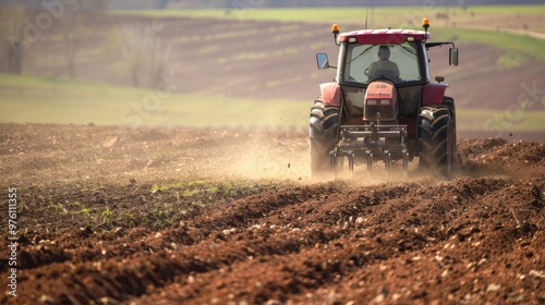 A tractor plowing a field in preparation for planting.