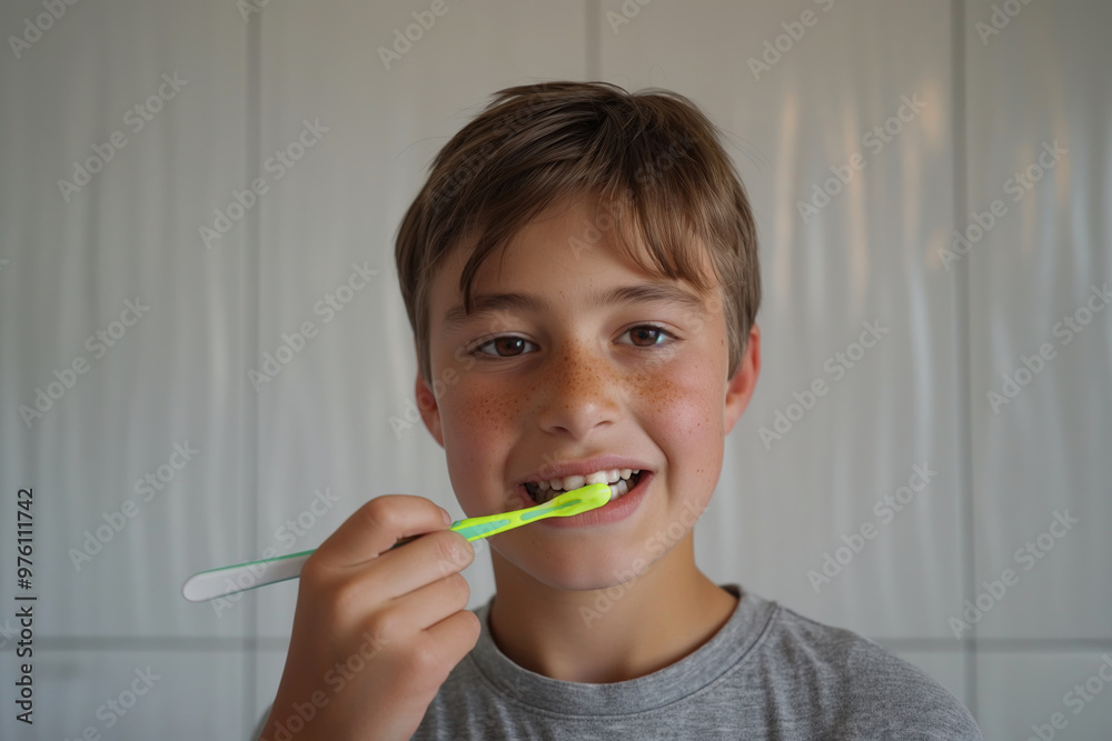 Young Boy Brushing Teeth with Green Toothbrush in Minimalist Bathroom Young Boy Brushing Teeth with Green Toothbrush in Minimalist Bathroom