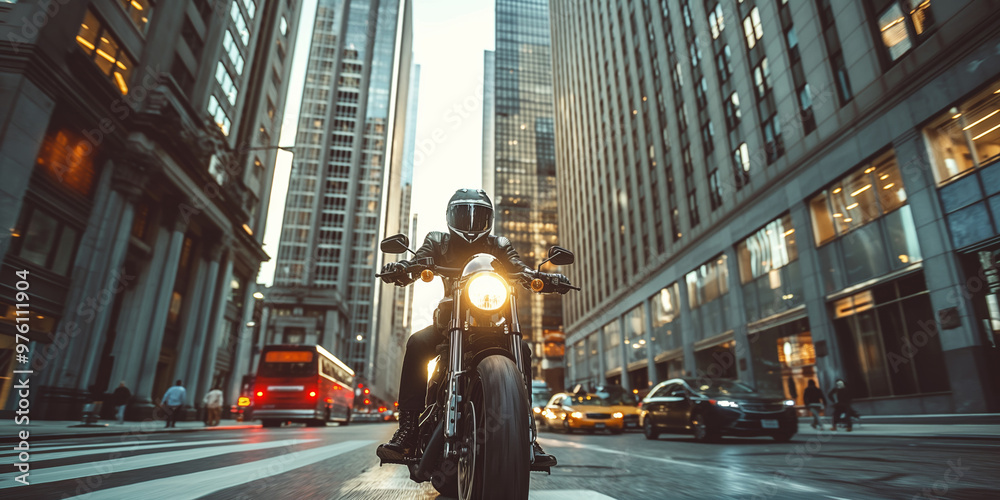 Fototapeta premium Motorcyclist Riding Among Tall City Skyscrapers in Urban Downtown Area at Sunset