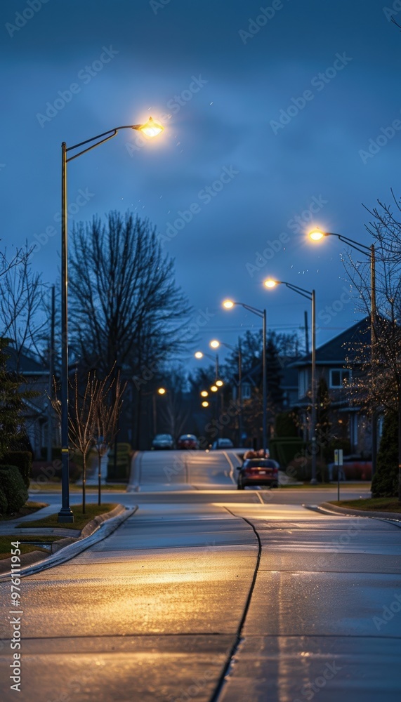 Fototapeta premium Suburban Street at Dusk with Energy Efficient LED Streetlights Enhancing Safety and Visibility
