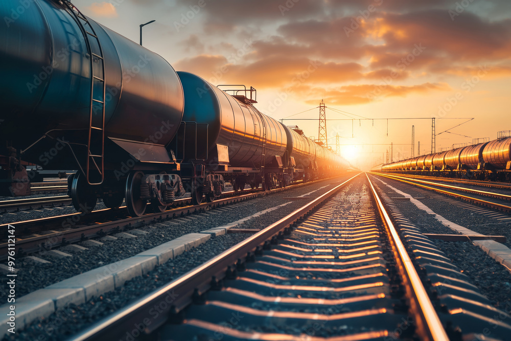 Fototapeta premium Sunset Freight Train on Industrial Railroad Tracks with Dramatic Skies