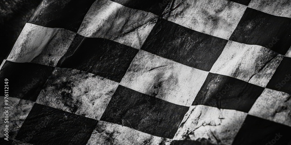 Grunge black and white checkered flag with weathered texture and worn ...