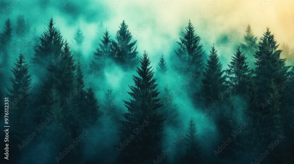 A foggy forest with tall pine trees, the mist creating a mysterious and quiet atmosphere A foggy forest with tall pine trees, the mist creating a mysterious and quiet atmosphere