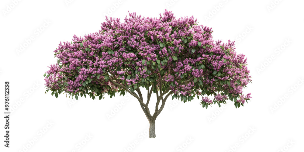 Naklejka premium An enchanting Tabebuia tree adorned with bright flowers and dense foliage against a green grassy scenery
