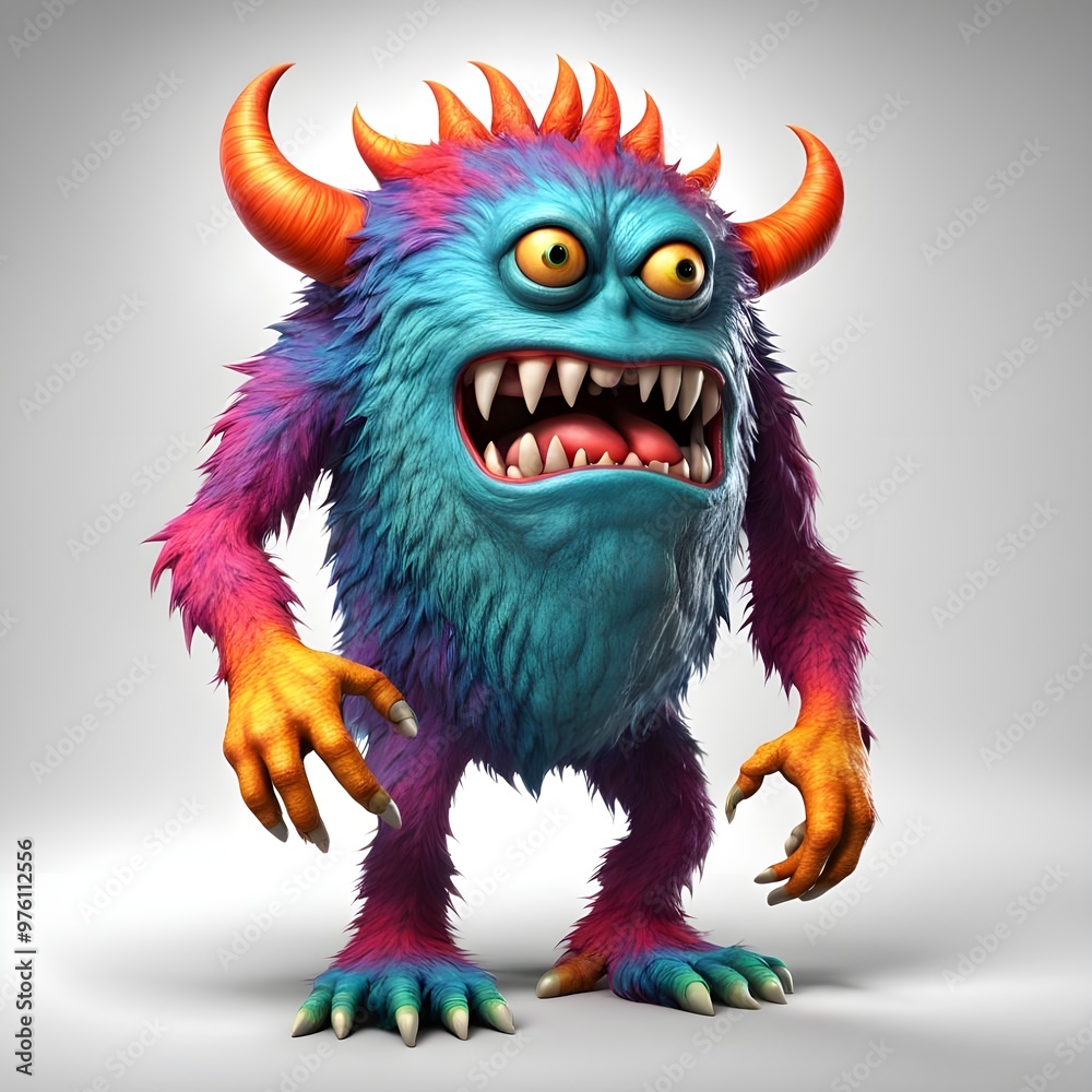 3D monster character with bold colors on white background under studio lights. 3D monster character with bold colors on white background under studio lights.
