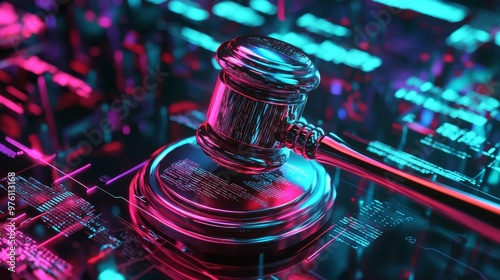 Holographic gavel on virtual bankruptcy documents in futuristic legal setting. photo