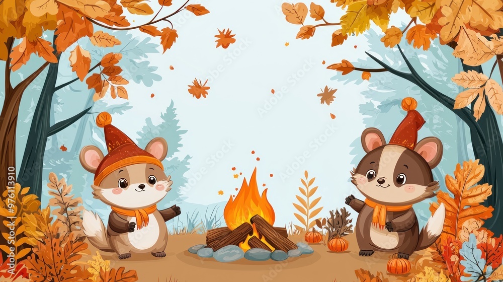 Fototapeta premium Cartoon Animals in Pilgrim Costumes Celebrating Thanksgiving Around Campfire with Seasonal Decor, Copy Space on Right for Text or Images