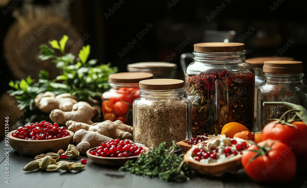 A variety of colorful jars filled with preserved vegetables and herbs, displayed alongside fresh produce. A variety of colorful jars filled with preserved vegetables and herbs, displayed alongside fresh produce.