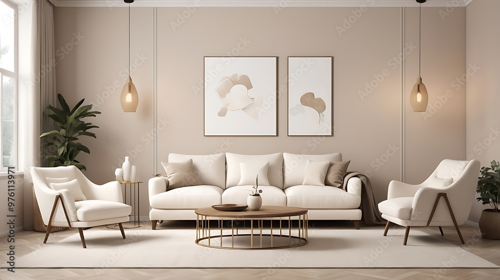 Obraz premium Interior of living room with cozy white sofa, armchair and lamps