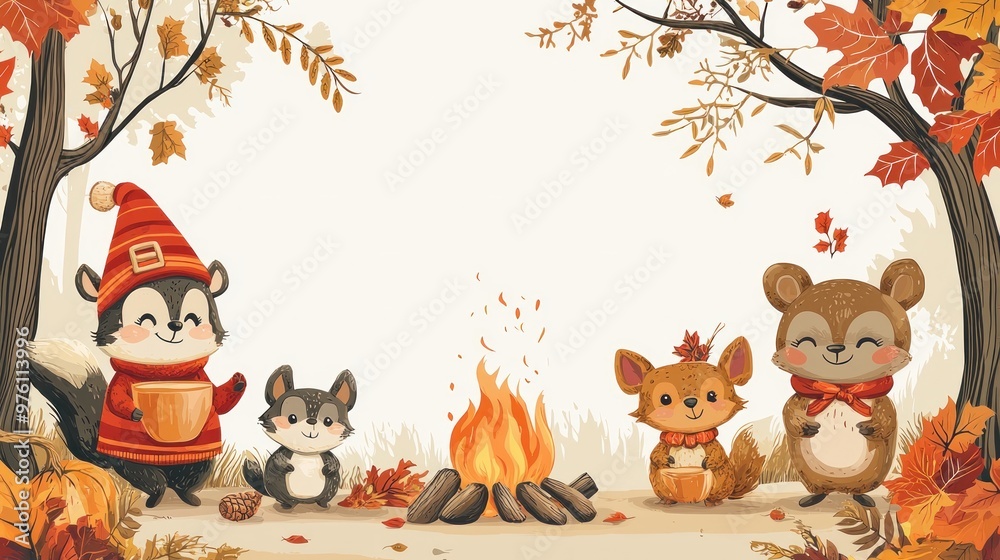 Naklejka premium Festive Cartoon Animals in Pilgrim Outfits Celebrating Thanksgiving Around Campfire with Copy Space on Right for Text or Images
