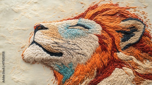 Minimalist lion sketch, dark orange and light blue embroidery art, ink drawing, loose style, layered fibers, Barbizon school influence, wrapped presentation, photo