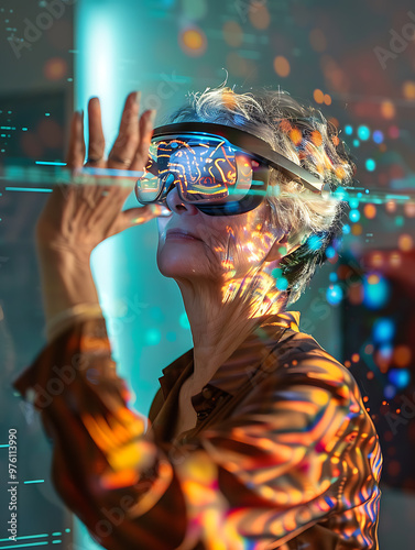 Engaged Mature Woman experiencing Augmented Reality (AR) Demonstration, Interacting with Virtual Elements